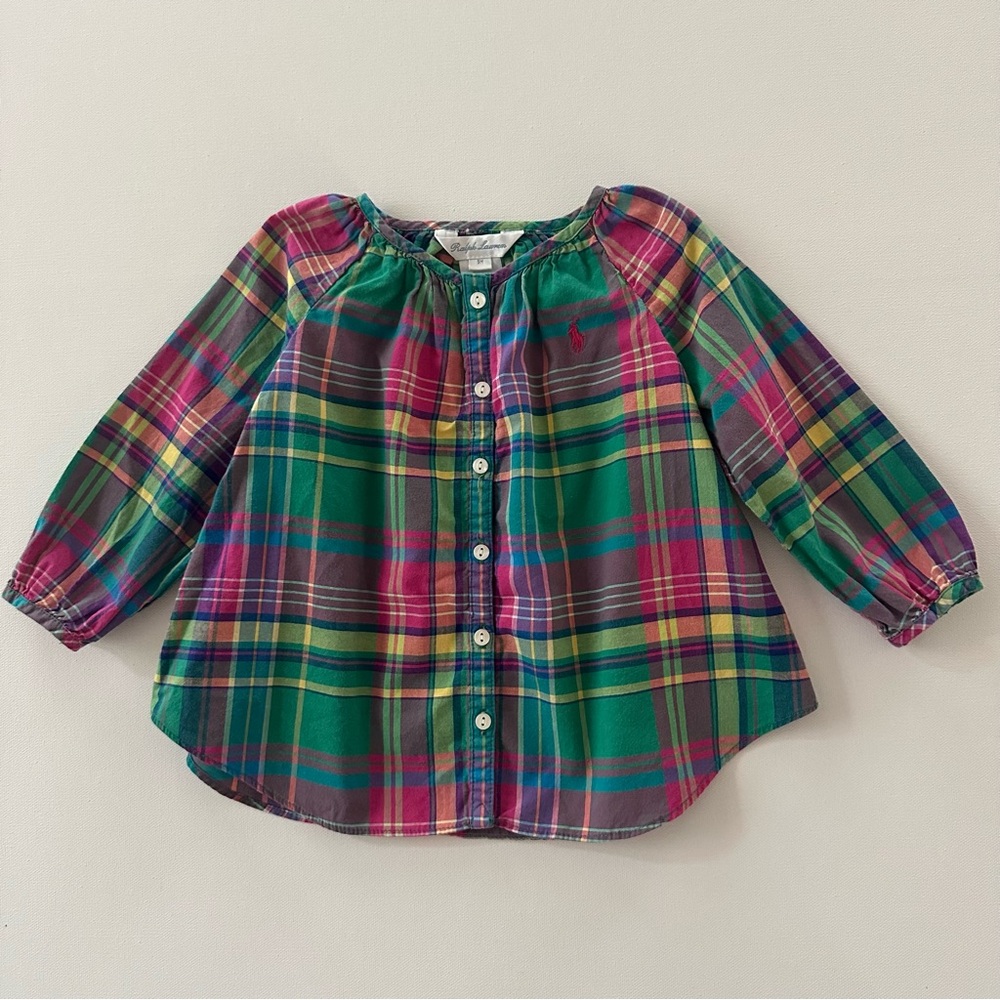 Ralph Lauren 9 Months Baby Girl Green Pink Plaid Long Sleeve Top Blouse Shirt